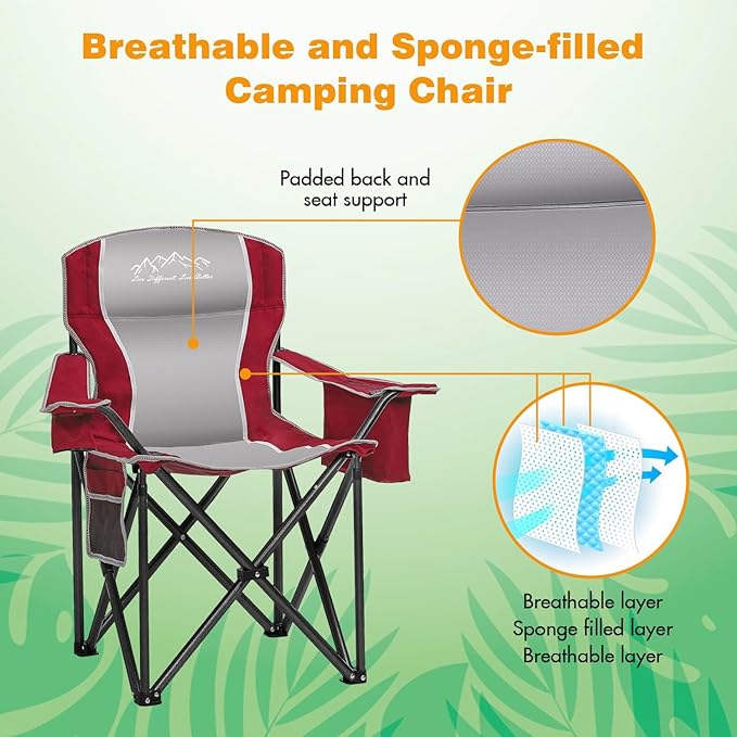 2PCS Folding Camping Chair Portable Outdoor Heavy Duty Padded Chairs Lawn Chair with Cup Holder, Storage Pocket and Cooler Bag, Supports 450LBS Red