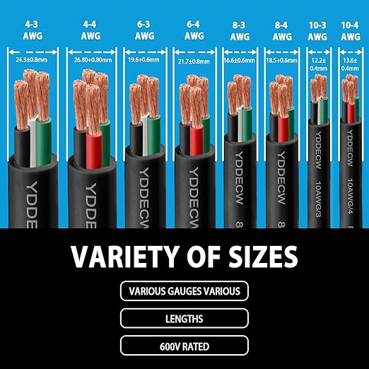 50ft 4/3 4 AWG Portable Power Cable (4 Conductor) - SOOW 600V 4 Gauge Electric Wire for Motor Leads, Portable Lights, Battery Chargers and Machinery - 3 Conductor - 50 Feet Electrical Cord