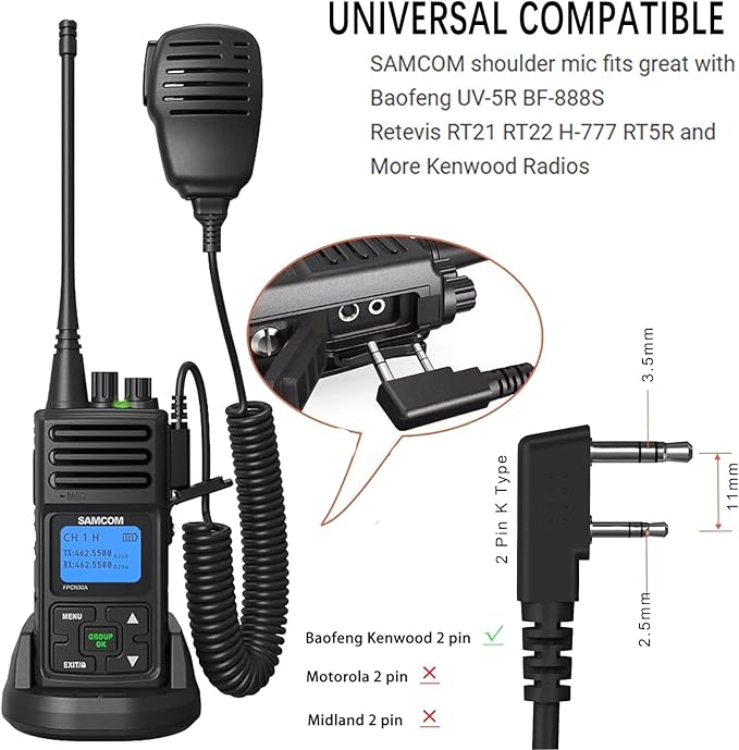 SAMCOM Walkie Talkie Speaker Mic, 2 Pin K Type Handheld Two Way Radios Shoulder Lapel Mic Microphone with Rainforced Cable,1 Pack