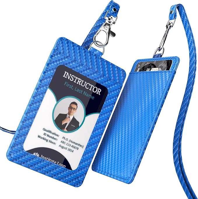 Carbon Fiber Work ID Card Holder with Lanyard is a Stylish and Durable Card Holder with Dual Card Capacity, Clear Display Window and Privacy Back Pocket (Blue)
