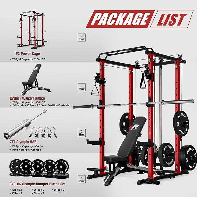 RitFit Multi-Function Squat Rack Power Cage PPC-P3 with Cable Crossover System, 1200LBS Capacity Power Rack and Packages with Optional Weight Bench, Barbell Weight Set, for Garage Workout & Home Gym