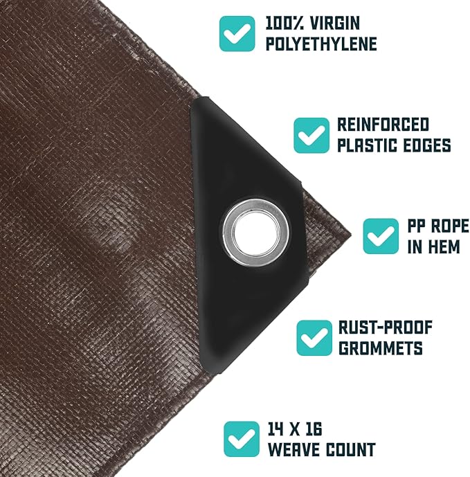 Core Tarps Extra Heavy Duty 16 Mil Tarp Cover, Waterproof, UV Resistant, Rip and Tear Proof, Poly Tarpaulin with Reinforced Edges for Roof, Camping, Patio, Pool, Boat (Brown/Black 20′ X 30′)