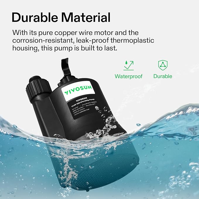 VIVOSUN Submersible Water Pump, 1/4HP 1620GPH Utility Pump, Thermoplastic Sump Pump with 10ft Cable, Compact and Portable, Ideal for Ponds, Basements, Swimming Pools, Hot Tubs Draining