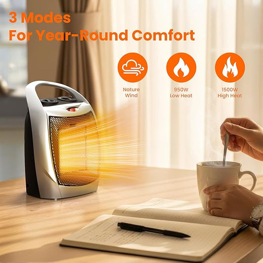 ZAFRO 1500W Portable Ceramic Space Heater for Indoor Use, 3 Modes Thermostat Adjustable, Tip-Over & Overheat Protection, Quiet Personal Heater (<45dB) for Office Desk Bedroom,(Silver)