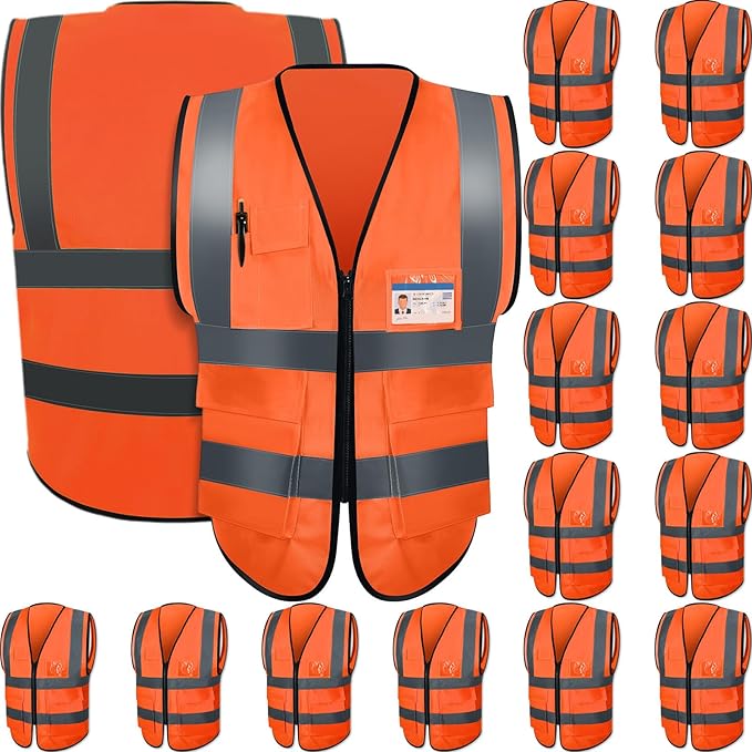 JaGely 15 Pack Reflective Safety Vests with Pockets and Zipper Construction Work High Visibility Vest for Men Women(X-Large,Orange Red)