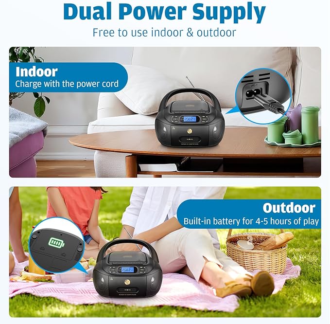 CD Cassette Player Combo, Hernpark Rechargeable Boombox with Bluetooth 5.1, Tape Recording, FM Radio, Super Bass, Stereo Sound, Aux/USB Drive, Headphones Jack, Boom Box for Indoor Outdoor