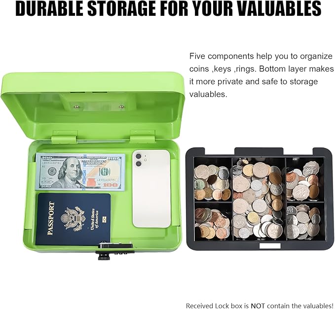 KYODOLED Large Cash Box with Combination Lock,Safe Metal Box for Money, Storage Lock Box with Money Tray,9.84"x 7"x 3.54" Limegreen Large