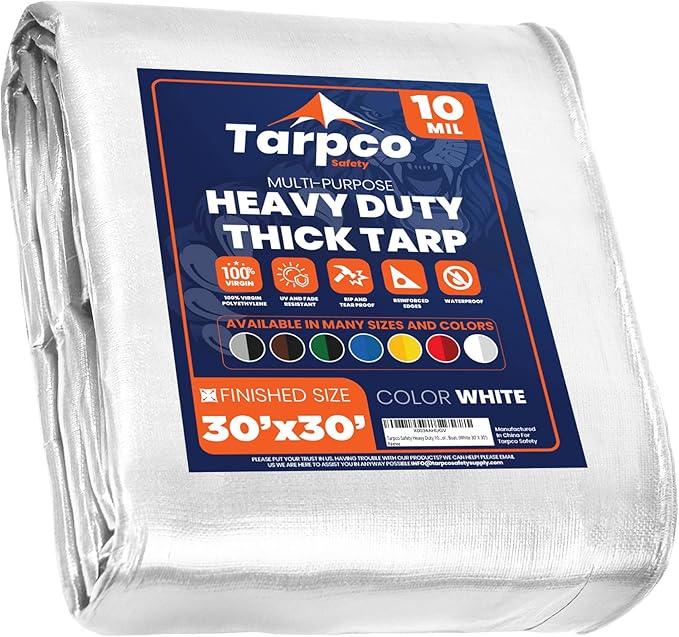 Tarpco Safety Heavy Duty 10 Mil Tarp Cover, Waterproof, UV Resistant, Rip and Tear Proof, Poly Tarpaulin with Reinforced Edges for Camping, Roof, Patio, Pool, Boat. (White 30′ X 30′)