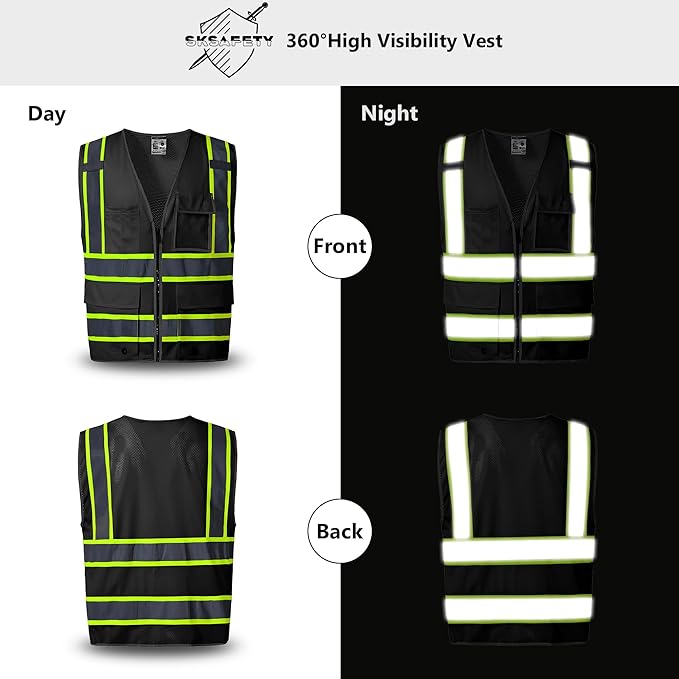 SKSAFETY 10 Pockets Safety Vest, Class 2 High Visibility Security with Zipper Back Mesh, Hi Vis Vest with Reflective Strips, ANSI/ISEA Standard, Construction Work Vest for Men ＆ Women （Black, XL）