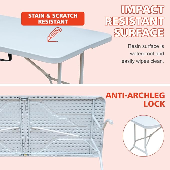 Portable 6Ft Plastic Folding Table, Heavy Duty 6ft Fold-in-Half Table with Carrying Handle, 6' Folding Utility Foldable Table for Picnic Party Camping Kitchen, Indoor/Outdoor (White)