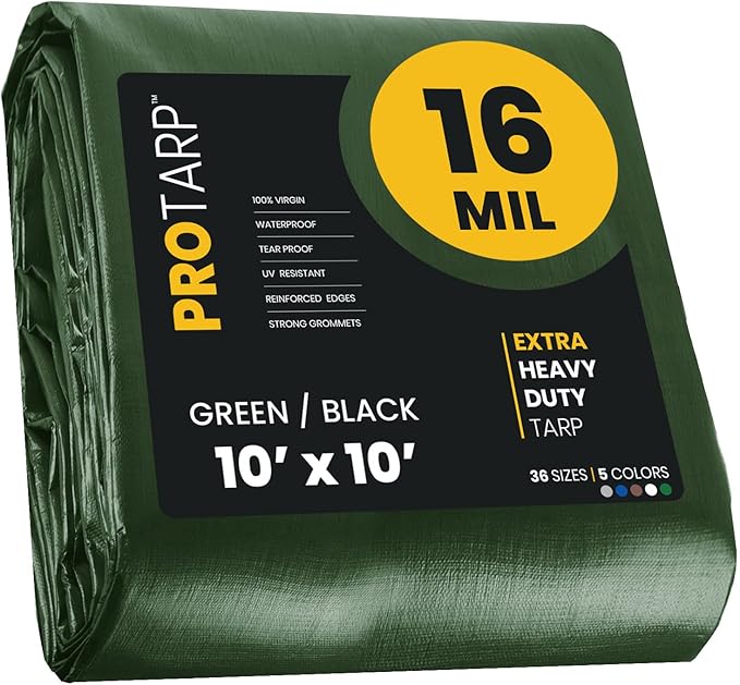 PROTARP Extra Heavy Duty 16 Mil Tarp Cover, Waterproof, UV Resistant, Rip and Tear Proof, Poly Tarpaulin with Reinforced Edges for Roof, Camping, Patio, Pool, Boat. (Green/Black 10′ X 10′)