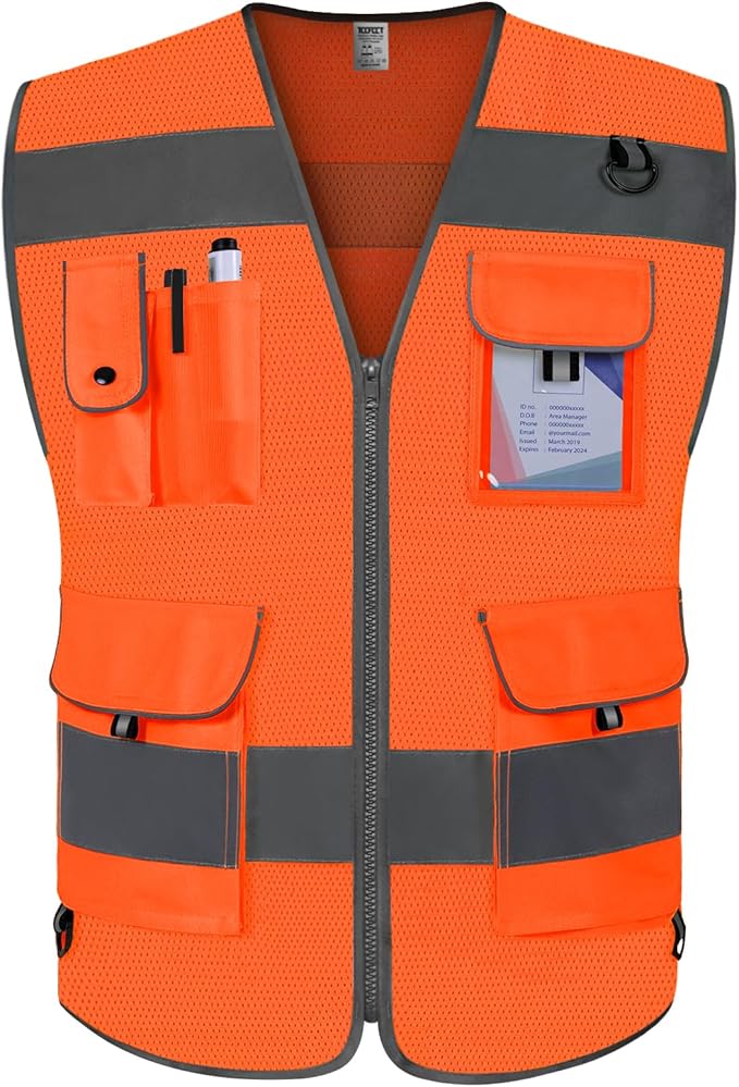 TCCFCCT Mesh High Visibility Vest 9 Pockets Hi Vis Reflective Safety Vest for Men Women, Surveyor Work Vest with Reinforced Sewing Durable, Breathable, Meets ANSI/ISEA, (Orange, Small)