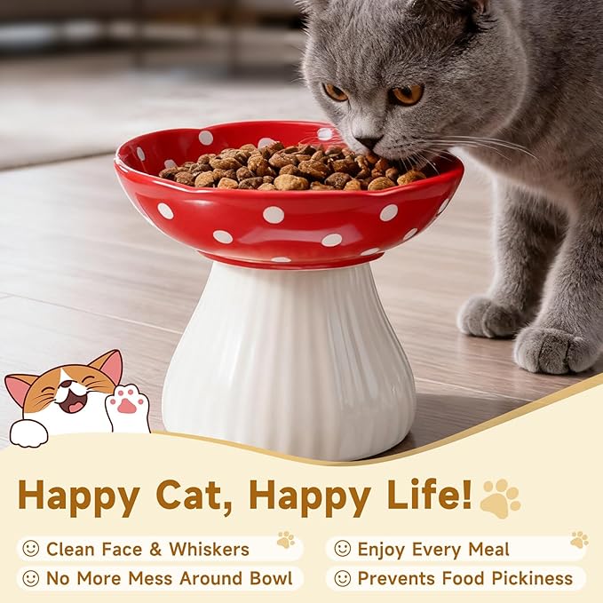 Mushroom Cat Bowl,Whisker Fatigue Cat Bowl,Cute Cat Bowls,Elevated Cat Food Bowl, Lead & Cadmium Free Ceramic Cat Bowls for Food and Water. (Red+Yellow)