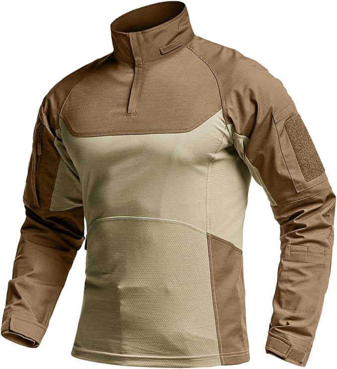 CQR Men's Combat Shirt Tactical 1/4 Zip Long Sleeve Military BDU Shirts Camo EDC Top with Pockets