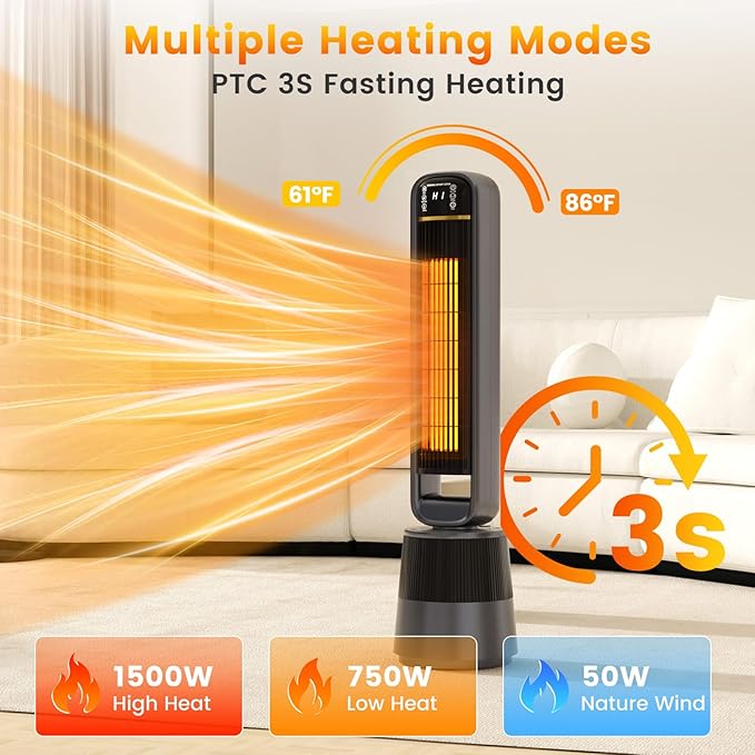 VCJ 36" Space Heaters, 1500W 12H Timer Electric Heater for Indoor Use, Remote, 150° Oscillation, Water Mist, Overheat & Tip-Over Protection, Quiet Portable Tower Heater for Bedroom Living Room Garage