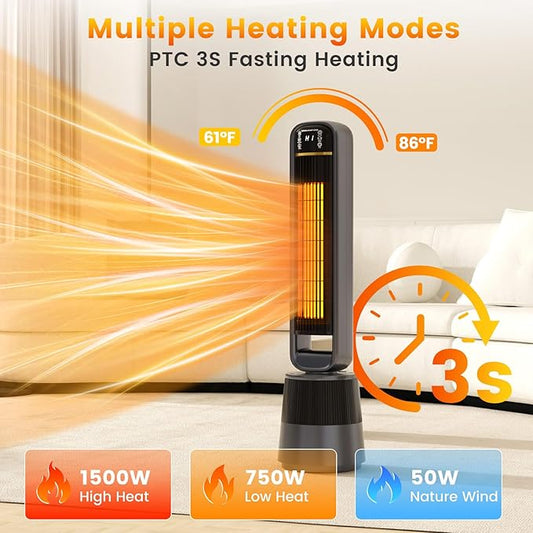 VCJ 36" Space Heaters, 1500W 12H Timer Electric Heater for Indoor Use, Remote, 150° Oscillation, Water Mist, Overheat & Tip-Over Protection, Quiet Portable Tower Heater for Bedroom Living Room Garage