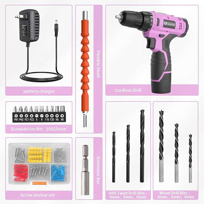 FADAKWALT Cordless Drill Set, 12V Power Drill Set with Battery and Charger, 3/8'' Keyless Chuck, 21+1 Torque Setting, 180 inch-lbs, Pink Electric Drill for Women's Garden DIY Projects（Pink)