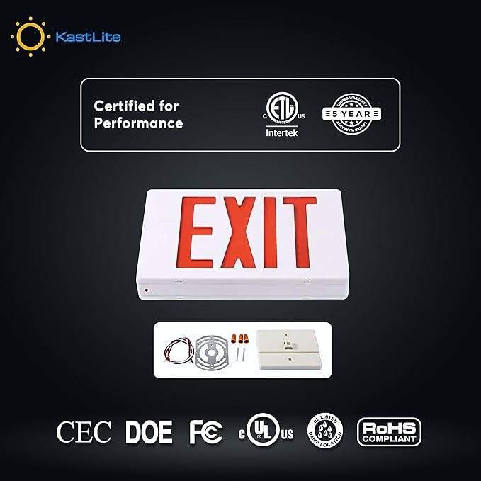 KastLite LED Exit Sign | Emergency Exit Sign with 90 Min Battery Backup | Ceiling & Wall Mount | Damp Rated, UL Listed, 120/277VAC, UL94V-0, Easy Install Small LED Exit Sign for Commercial Indoor Use