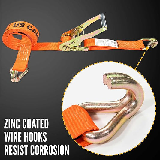 US Cargo Control Wire Hook Ratchet Straps 2 Inch x 12 Foot (10-Pack), 10,000 LBS Break Strength, Ratchet Straps Heavy Duty with Double J Hooks, Orange Cargo Tie Downs for Flatbed Trailers and Trucks