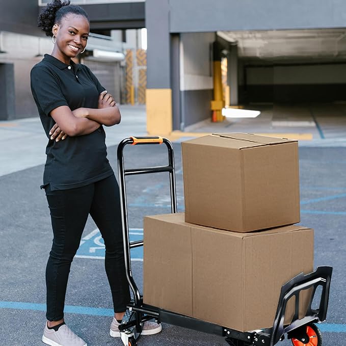 Folding Hand Truck，500lbs Capacity Heavy Duty Carrying Hand Cart，Ironton Steel Hand Truck with 4 Rotate Wheels，for Luggage, Moving, Shopping, Office,Travel Use(Orange)