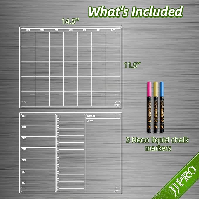 JJPRO Non-Magnetic Dry Erase Calendar for Fridge, Monthly Calendar, Weekly Planning Board Bundle for All Smooth Surfaces. Clear Reusable Calendar Stick to Fridge,Cabinet,Door&Glass
