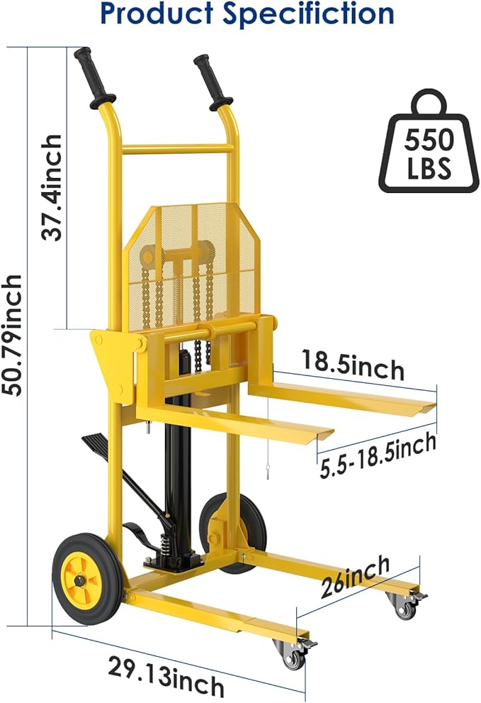 Hydraulic Material Lift,550lbs Lift Dolly,Upgraded Baffle Pallet Lift,37.4” Max Lift with Front Universal Wheels and 9" Polyurethane Wheels, 18.5" Fork Length, Hand Forklift, Steel Platform x 1