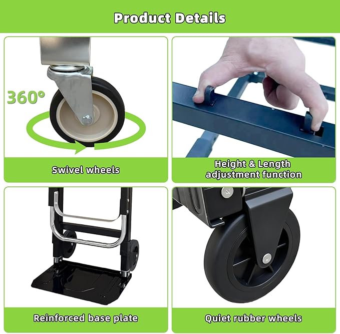 3 in 1 Folding Hand Truck, 600Lbs Capacity, Heavy Duty Collapsible Cart with Retractable Handle and 4 Rubber Wheels, Moving Dolly for Moving Home, Office, Food Service, Shopping Mall, Warehouse