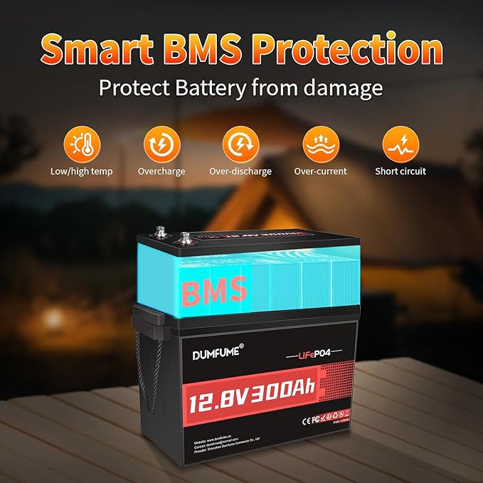 12V 300Ah Lithium LiFePO4 Battery,200A BMS Max.3840W Load Power,Rechargeable Lithium Iron Phosphate Battery for Solar Energy Storage,Backup Power,RV,Camping,Off-Grid