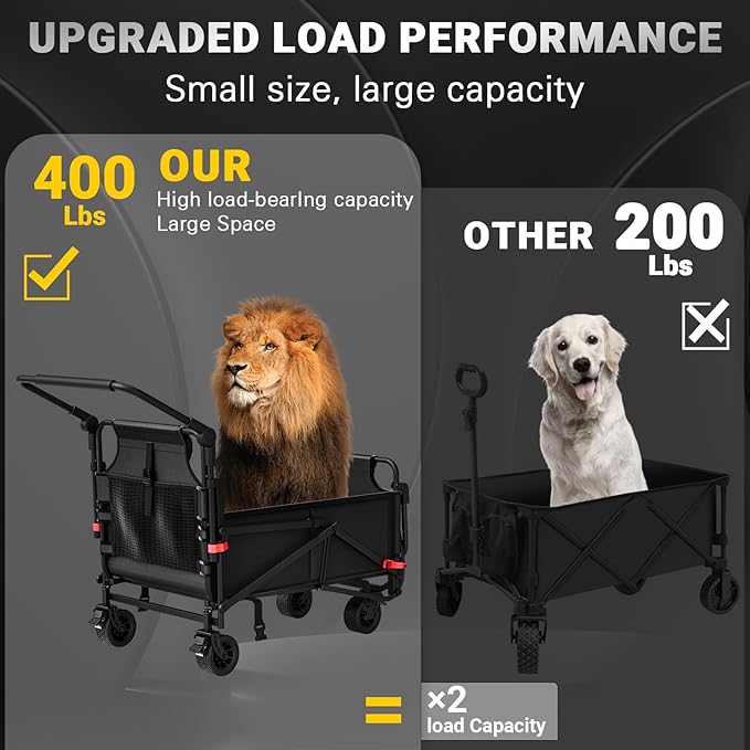 LEVELEVE Heavy Duty Folding Wagon - 2-in-1 Collapsible Cart, 400lb Capacity, All-Terrain Wheels w/Brakes & Side Pockets