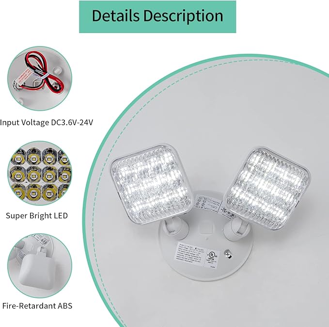 TANLUX Emergency Remote Head Lighting, 1 Pack Double Head Emergency Light, UL Listed, Multi Voltage 3.6 to 24 Volt Input, 2 by 3 Watts, 2 by 180 Lumen, White