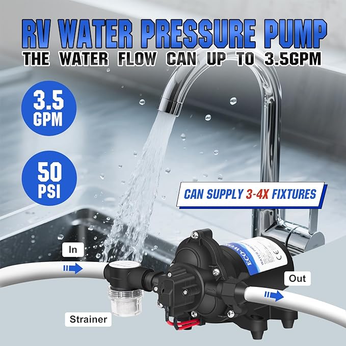 ECO-WORTHY RV Water Pump 12Volt 3.5GPM 50PSI 12V Fresh Diaphragm Pump with Pressure Switch and Self-Priming for RV Yacht Garden Sprayer Food Truck