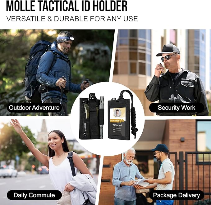 OneTigris Tactical ID Card Holder Hook & Loop Patch Badge Holder Neck Lanyard Key Ring and Credit Card Organizer (Black)