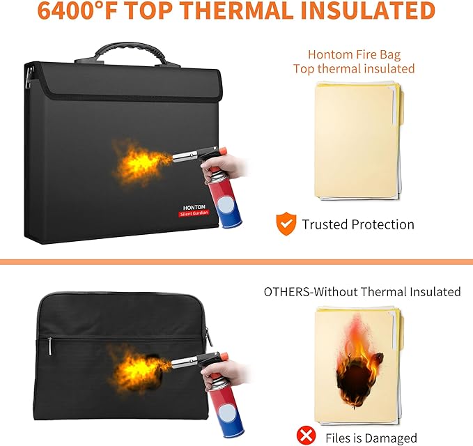 Hontom Fireproof Document Bag with 2 Pockets, 6400℉ Upgraded Material Fireproof Money Bag with Lid, Travel Home Fire Safe Storage Cash Pouch for Important Documents