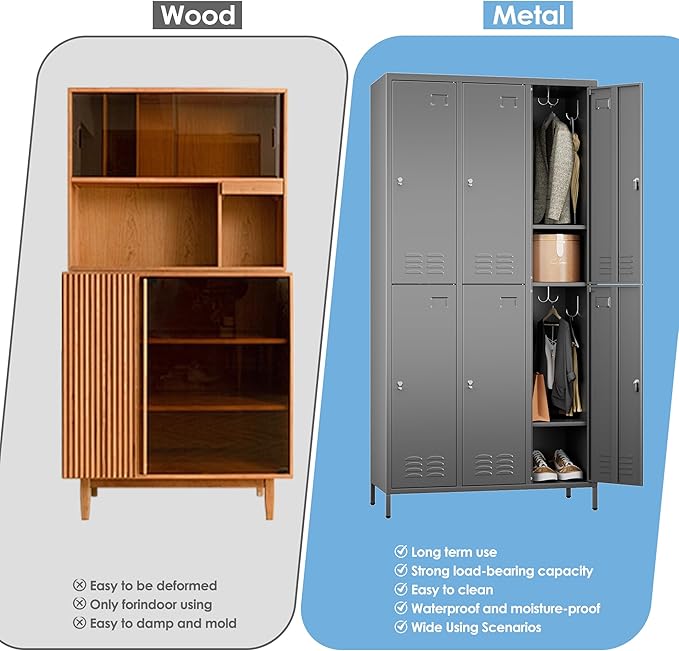 Metal Lockers for Employees with 6 Doors and 18 Hooks, 72”H Storage Locker with Card Slot for Office Gym School Bedroom, Assembly Required, Dark Gray