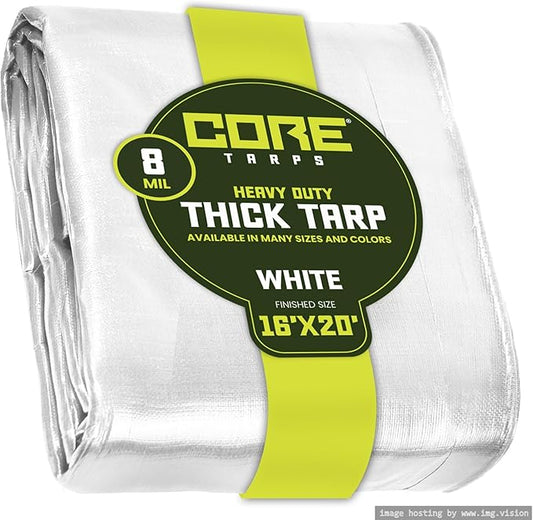 Core Tarps Heavy Duty 8 Mil Tarp Cover, Waterproof, UV Resistant, Rip and Tear Proof, Poly Tarpaulin with Reinforced Edges for Roof, Camping, Patio, Pool, Boat. (White 16′ X 20′)