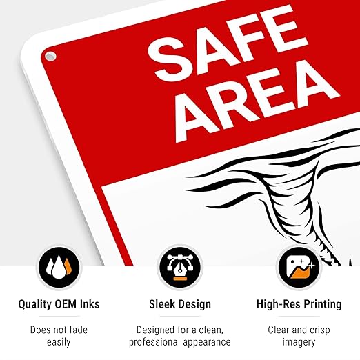 Safe Area Tornado Shelter Sign, 10x7 Inches, 55 mil Thick HDPS (high Density polystyrene), Made in USA by Sigo Signs