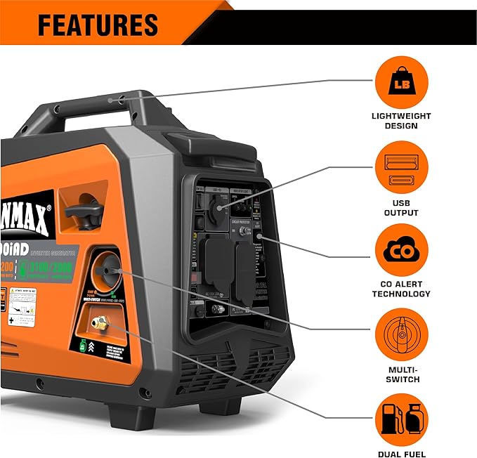 GENMAX Portable Generator, 3500W Super Quiet Gas or Propane Powered Engine with Parallel Capability, Manual start，Ideal for Camping Travel Outdoor.EPA Compliant