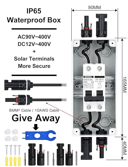 DIHOOL 40 Amp Solar Disconnect Switch with DC Circuit Breaker Box for Solar Panels, IP65 Outdoor