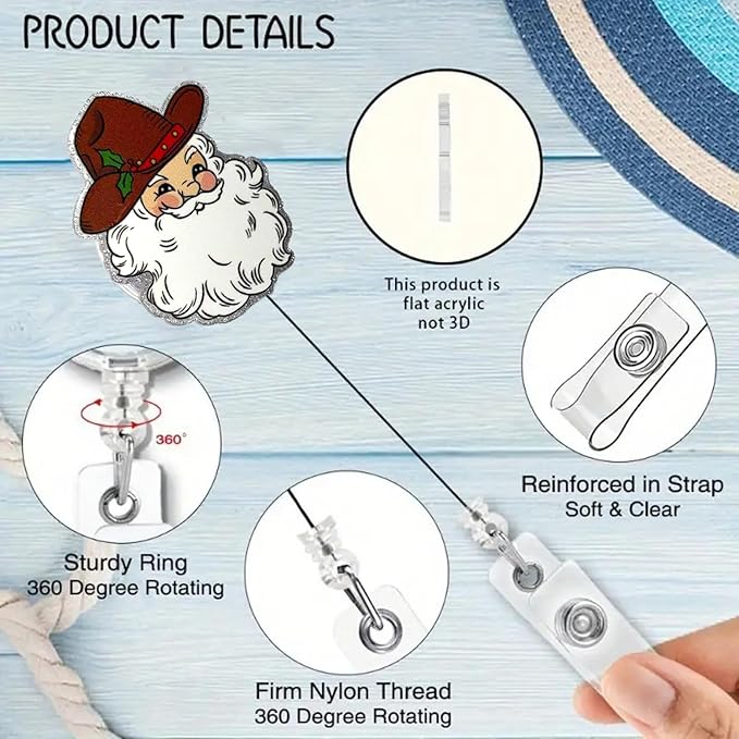 Cowboy Santa Claus Badge Reel Christmas Badge Holder with Retractable Alligator Clip Nurse Nursing Badge Reels for RN CNA LPN Medical Worker Name Tag Decor | with 24” Durable Nylon Cord