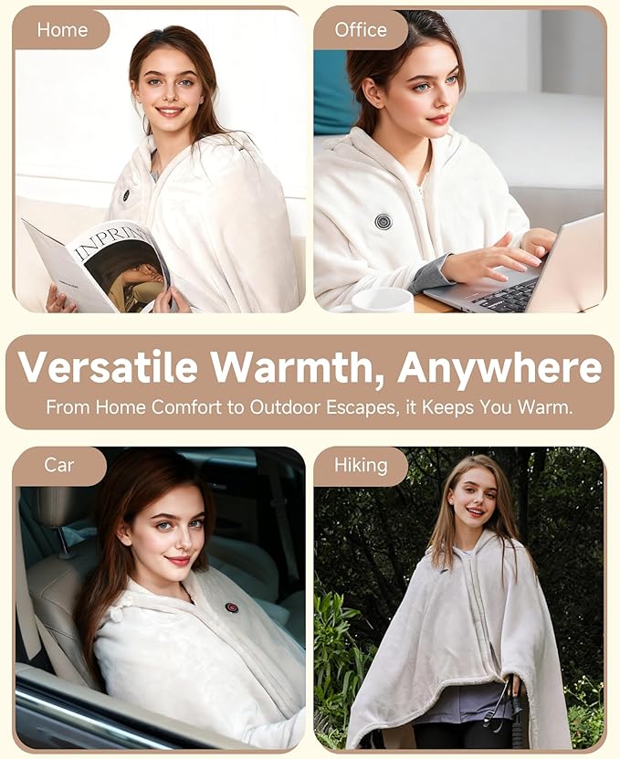 Cordless Heated Blanket with Hood, USB Battery Powered Heated Wearable Blanket with 9 Heating Zones, 20000 mAh Power Bank, 3 Levels, Portable Heated Throw Blanket, Heated Shawl