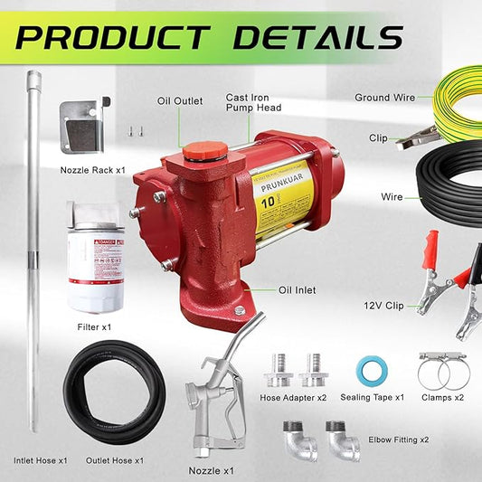 12V Fuel Transfer Pump w/Manual Nozzle, 10 GPM High Flow DC Diesel Transfer Pump, Gas Heavy Duty Transfer Pump with Filter for Gasoline, Diesel, Kerosene, Biodiesel and More