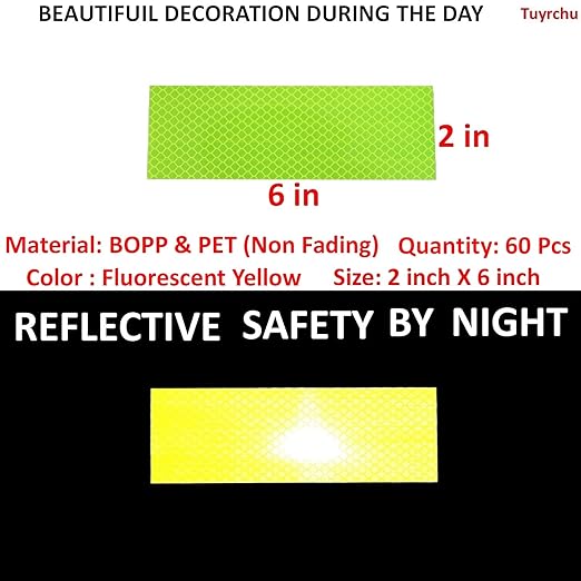 Fluorescent Reflective Stickers 2 inch X 6 inch, Outdoor Waterproof High Visibility Warning Safety Adhesive Reflector (60 Pcs)