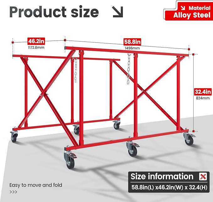 Folding Pickup Bed Dolly- Easily Fold Large Auto Body Truck Bed Cart 800 lbs, Truck Bed Dolly Lifter Automotive Body Cart Pick Up Bed Stand W/Casters Steel Powder Coated Red