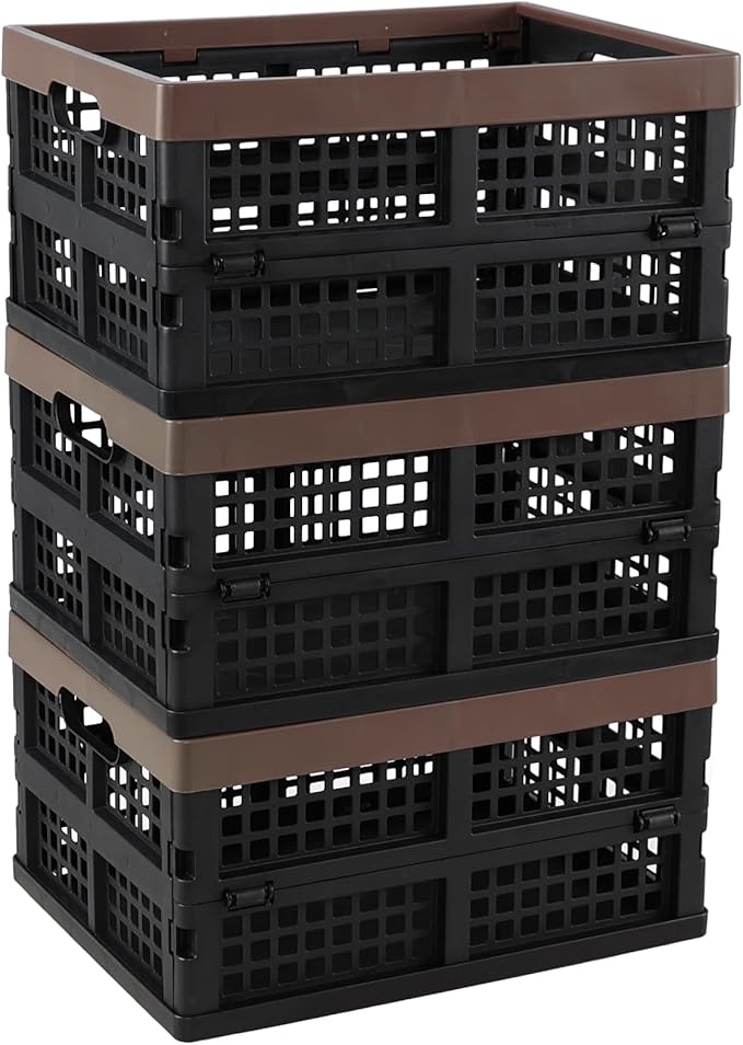Set of 3 Plastic Collapsible Storage Crate, 15 L Stackable Folding Storage Crates with Handles, Foldable Shelf Storage Baskets