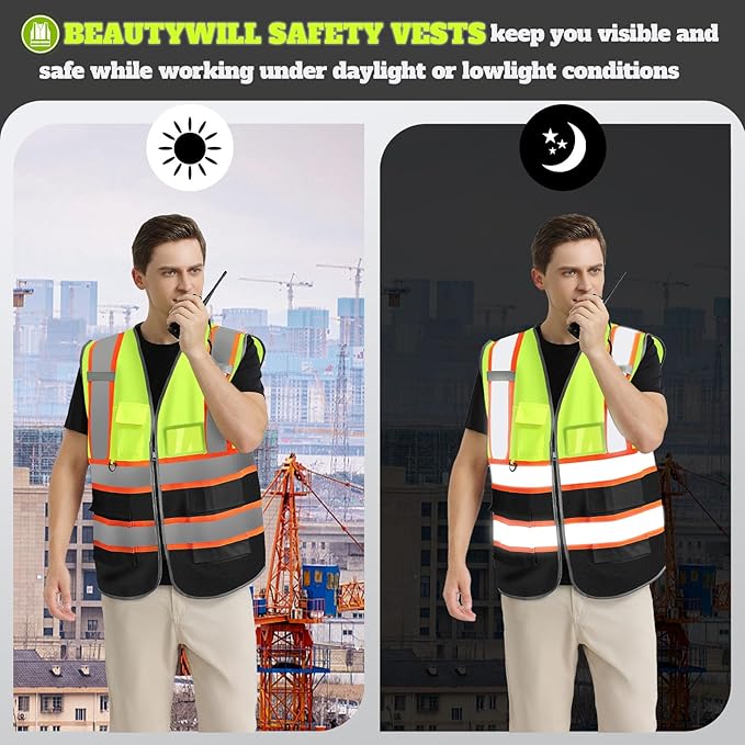 BeautyWill 10 Pack Custom Logo Safety Vest ANSI Class 2 High Visibility Reflective Vest Personalized Construction Vest Bulk