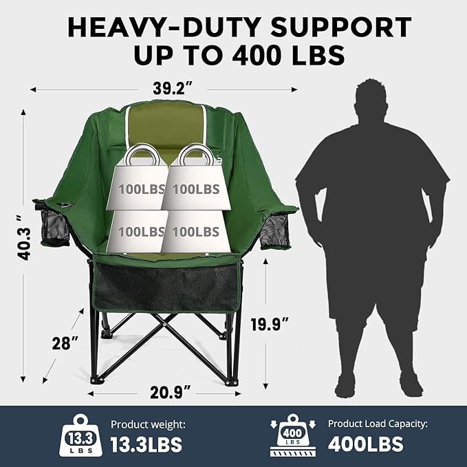 Oversized Folding Camping Chair for Adults Heavy Duty Padded Outdoor Chairs Big and Tall XL Picnic Chair with Cup Holders 400lb Capacity, Comfy for Lawn Sports and Outside Use