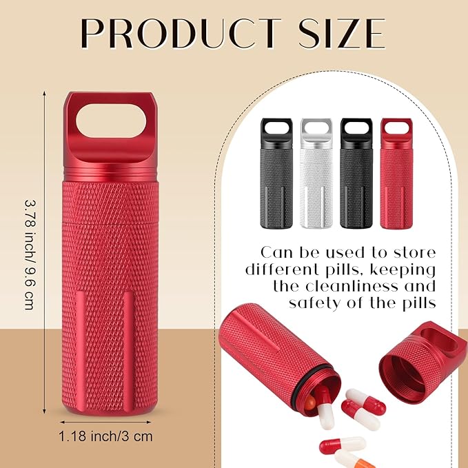 Patelai 4 Pcs Portable Keychain Pill Holder Pill Organizer Travel Waterproof Match Container Aluminum Airtight Keychain Container Travel Size Storage Supplements Holder for Outdoor Camping(Elegant)