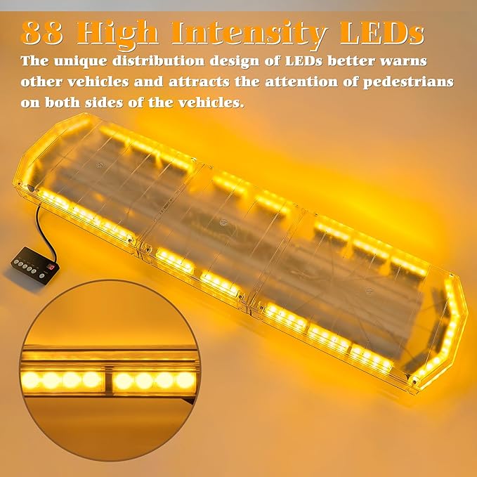 48 Inch 88 LED Amber Emergency Light Bar Super Bright Rooftop Strobe Lights Waterproof Hazard Warning Roof Top Flashing Light Bar for Tow Truck Construction Vehicle (Yellow, DC 12-24V)