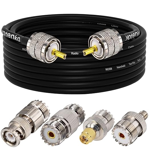 CB Coax Cable, RG58 Coaxial Cable 25Ft, UHF PL259 Male to Male + SO239 Female to SMA/UHF/BNC Adapter 4-Pack for CB Radio Antenna, Ham Radio, SWR Meter, HF Radio
