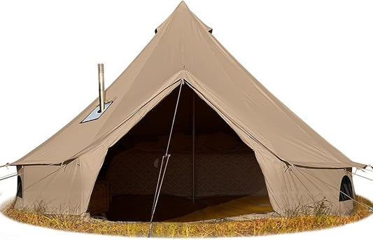 Cotton Canvas Bell Tent, Waterproof Large Tents with Sturdy Center & Door Pole and Space for 4/6/8 Person All 4 Season Camping Yurt Tent